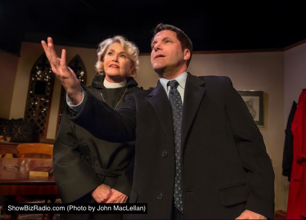 Linda Beringer (as Hannah) and Chris O'Neill (as Brandt) share a moment before heading into church