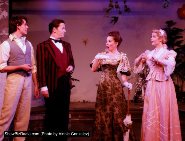 Ian Stearns as Algernon Moncrief, Thomas Cunningham as Jack Worthing, Audra Honaker as Gwendolen Fairfax, Aly Wepplo as Cecily Cardew